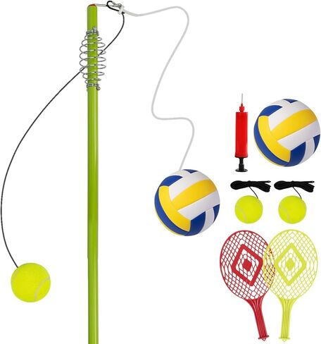 مجموعة JstFrU Tetherball للتنس وTetherball، معدات Tetherball مع عمود للفناء الخلفي والخارجي، مع عمود ارتفاع قابل للتعديل بطول 6.7 قدم، 2 كرات تنس بحبل، 2 مضارب، 1 ​​كرة Tetherball بحبل، 2 خطاف in Kuwait