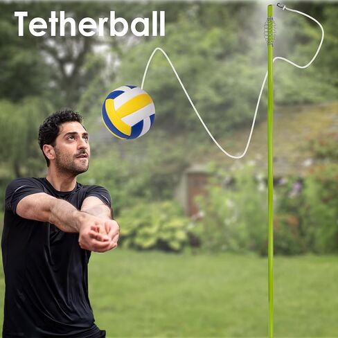 مجموعة JstFrU Tetherball للتنس وTetherball، معدات Tetherball مع عمود للفناء الخلفي والخارجي، مع عمود ارتفاع قابل للتعديل بطول 6.7 قدم، 2 كرات تنس بحبل، 2 مضارب، 1 ​​كرة Tetherball بحبل، 2 خطاف in Kuwait