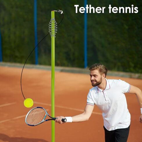 مجموعة JstFrU Tetherball للتنس وTetherball، معدات Tetherball مع عمود للفناء الخلفي والخارجي، مع عمود ارتفاع قابل للتعديل بطول 6.7 قدم، 2 كرات تنس بحبل، 2 مضارب، 1 ​​كرة Tetherball بحبل، 2 خطاف in Kuwait