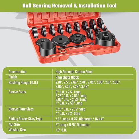 SAWSAVVY Wheel Bearing Press Kit for Front Wheel Drive Bearing Removal & Installation, 24pc Wheel Bearing Puller Tool Set with Sliding Screws Universal Bushings Sleeves Storage Case in Kuwait