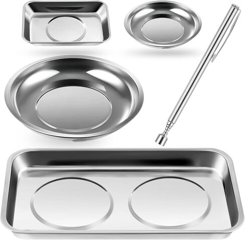 4 Pieces Magnetic Tool Tray with Magnetic Pickup Tool, Magnetic Parts Tray Holder Round Magnetic Tray Stainless Steel Magnetic Holder for Parts Socket Screw Nut Bolt Metal Tool in Saudi Arabia