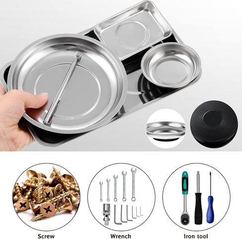 4 Pieces Magnetic Tool Tray with Magnetic Pickup Tool, Magnetic Parts Tray Holder Round Magnetic Tray Stainless Steel Magnetic Holder for Parts Socket Screw Nut Bolt Metal Tool in Saudi Arabia