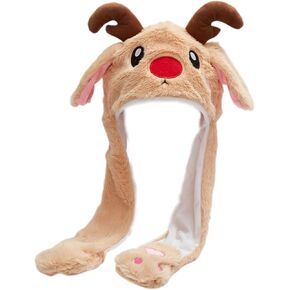Cute Christma Reindeer Hat with Moving Ears, Plush Flap Hat with Paw, Jumping Beating Hat for Boys Girls Gift