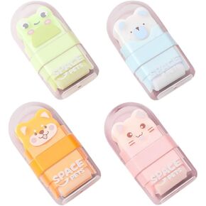 Tofficu 4pcs Cute Pencil Eraser Cartoon Animal Roller Eraser Pencil Rubber Erasers with Cover for Kids School Office Supply Stationery