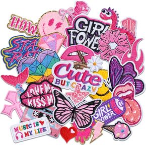 Pink Embroidered Iron on Patches for Girls Cute Preppy Applique Western Cowgirl Sew on/Iron on Patch for Hats Clothes Jackets Backpacks Jeans Pant (32 Pcs)