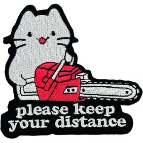 1pcs Funny Cat with Saw Embroidery Patches-Keep Distance Military Hook and Loop Patches, Cute Meme Morale Patch for Backpacks, Dog Harnesses, Vests, Bags, Hats, Helmets, Jackets