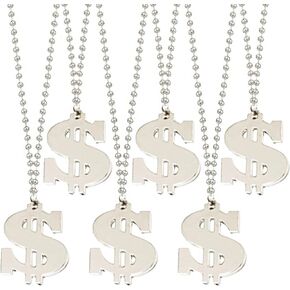 ArtCreativity Dollar Sign Necklaces, Set of 12, Plastic Necklaces for Kids with Metallic Silver Finish, Fun Party Favor Necklaces, Accessories for HipHop, Rap, or Halloween Costume