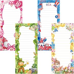 Whaline 4Pcs Valentine's Day Magnetic Notepads St. Patrick's Day Easter 4th of July Independence Day Notepads List to-Do Paper Pad Love Gnome Shamrock Bunny American Flag Shopping Memo Notepad