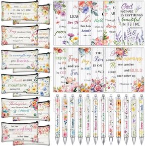 Cholemy 36 Pcs Christian Gift Sets Include 12 Bible Pens 12 Bible Notebook 12 Bible Case Bags Makeup Bags Religious Gifts for Women Bible Study Journaling Supply for Men Office Church