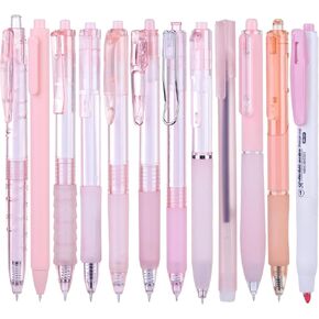 12Pack Pastel Gel Ink Pen Set, Cute Note Taking 0.5mm Fine Point Retractable 11 Pack Black Ink Pens with 1Pack Highlighter for Writing, School, Office