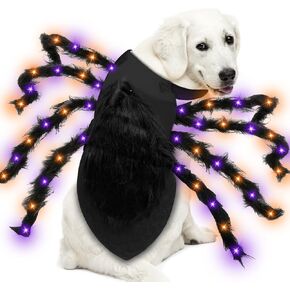 Camlinbo 24 LED Spider Dog Halloween Costume for Small Medium Large Dogs, Furry Giant Spider with Orange Purple Lights Puppy Pet Costume Outfits Clothes Funny Halloween Costume Party Cosplay