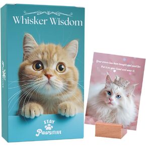 Whisker Wisdom Cat Lover Gifts for Women. Cat Affirmation Cards. 50 Adorable Cats and Quotes for Cat Moms. Self Care and Stress Relief Cards with Cat. Wooden Stand for Display Included.