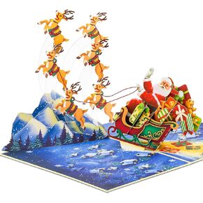 Christmas Santa's Sleigh Pop Up Card, Santa Claus, Fly Reindeers, Gifts, Snow, 3D Popup Greeting Cards, Ideal Gifts for Women, Men, Kid, Boy, Girl, Mom, Dad, Grandpa, Uncle, 5x7