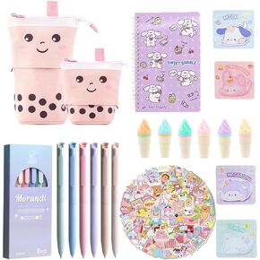 Kawaii Stationary Set Cute Stuff Office Supplies Kawaii Christmas Gifts Include Telescopic Boba Pencil Pouch Case Bag Highlighters Sticky Notes Gel Pens