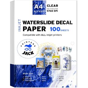 Printers Jack Water Slide Decal Paper Inkjet 100 Sheets A4 Size Premium Water Slide Transfer Paper Clear Transparent Printable Waterslide Paper for Tumblers, Mugs, Glasses DI