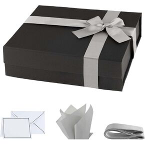 Purple Q Crafts Premium Black Gift Box with Magnetic Closure - 10x7x3 inches - Includes Ribbon and Gift Card - Elegant Presentation Box for All Occasions