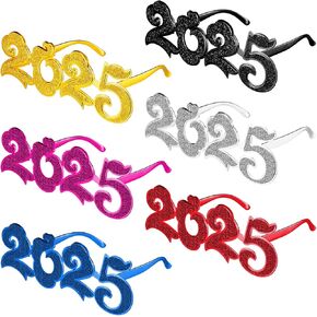 6 Pairs 2025 Glasses New Year Eve Glasses Glitter Number Eyeglasses Party Supplies 2025 Party Funny Glasses Novelty Sunglasses for New Year Celebration Party Favor Costume Photo Props Decoration