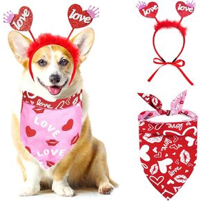 Valentine's Day Dog Bandanas Costume, Reversible Pet Scarf Red Glitter Hearts Dog Headband Scarves Cute Valentines Outfit for Medium Large Dogs Cats Holiday Birthday Clothes (Love Heart Headband Set)