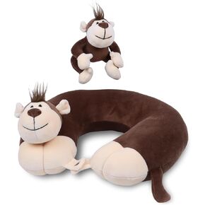 Kids Neck Pillows for Travel & Monkey Stuffed Animal, Neck Chin Support, Car Pillow Kids, Child Roadtrip, Flight & Car Head Rest, Soft Velvet Firm Kids Neck Pillow for Travel Toddler Girl Boy