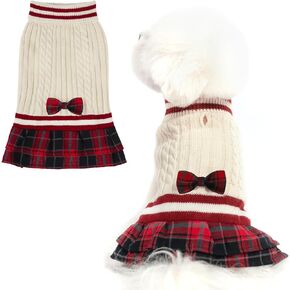 PAWCHIE Dog Sweater Dress with Bowtie - Dog Turtleneck Pullover Knitwear for Small Dogs Girls Cold Weather Sweater with Leash Hole, Suitable for Small Medium Dogs Puppies in Kuwait