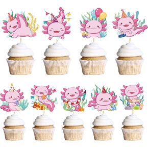 Axolotl Birthday Cupcake Toppers - 36PCS Axolotl Birthday Decorations Cute Axolotl Party Cake Topper Decorations Supplies Axolotl Salamander Baby Shower Cupcake Toppers Decor for Kids Girls