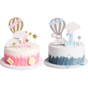 BLMHTWO 24PCS 1st Birthday Cake Topper Set, Hot Air Balloon Cake Topper with White Clouds and Glitter Stars Cake Topper Birthday Cake Decoration for Girls Boys Kids First Birthday (2 Sets,Pink, Blue)