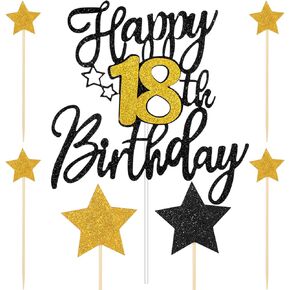 Happy 18th Birthday Cake Topper 18th Birthday Cake Decoration Gold Black Glitter Cheers to 18 Years Birthday Cake Pick Happy 18th Birthday Anniversary Party Cake Decorations