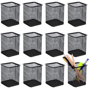 TooCust Black Mesh Pencil Cup Holder for Desk, 12 Pack Mesh Square Pen Holder - Thickened Metal & Non-Slip Bottom, Mesh Wire Pencil Cup Makeup Brush Holders Pen Cup Bulks for Home, School & Office