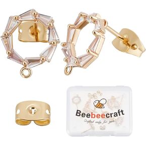 Beebeecraft 1 Box 20Pcs Circle Stud Earring 18K Gold Plated Cubic Zirconia Horizontal Loops Studs Posts Accessories with Friction Ear Nuts for Women Earring Making Supplies