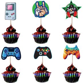 24 Pcs Video Game Cupcake Toppers Boys Girls Birthday Party Decor Gaming Cupcake Picks Decorations for Kids Birthday Anniversary Assembled Game On Controllers Cupcake Picks Party Favors