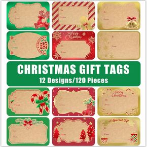 120Pcs Foil Kraft Christmas Gift Tags Stickers for Presents, 12 Jumbo Designs, Sooez Self Adhesive to and from Labels, Xmas Peel and Stick Gift Name Tags, Festival Holiday Wrapping Accessories
