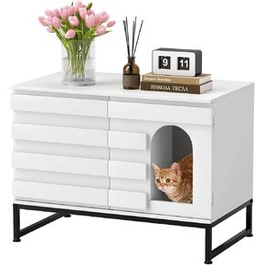Cat Litter Box Enclosure, Hidden Litter Box Furniture with Removable Divider, Dog Proof Litter Box Cabinet Indoor Cat House, End Table, Fit Most of Litter Box 31.4 x 23.6 x17.7 Inches White