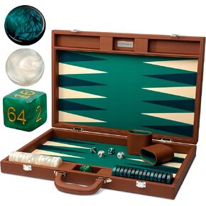 19 Inch Premium Backgammon Sets for Adults Leather Brown - Green. Premium 1.6 Inch Checkers & Dice Set, Travel Backgammon Set, Large, Backgammon Board Game, Backgammon Game Set