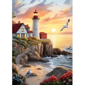 MXJSUA DIY Sea Lighthouse Diamond Painting Kits for Adults, Diamond Gem Art Painting for Beginners, Diamond Picture with Full Round Drill Dots Craft Set Gift, 12 * 16 Inch