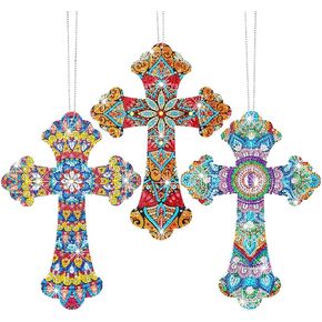3 Pcs Cross Hanging Diamond Painting Kits for Halloween Christmas Gift DIY 5D Crystal by Number Mandala Cross Shaped Rhinestones Pendant Acrylic Mosaic Wall Painting Kit for Adults Home(Vintage)