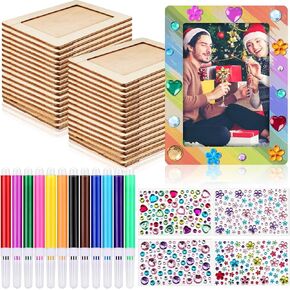 Thrseely Picture Frame Painting Craft Kit for 4 * 6 Photo,10Pcs DIY Unfinished Wooden Picture Frames with 12Pcs Painting Color Pen 4 Sheets Crystal Diamond Stickers for DIY Craft