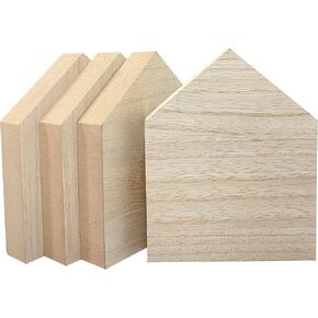 6 Inch 4 Pieces Unfinished Wooden House Shaped Blocks for Crafts Blank Wood House Freestanding Mother's Day Memorial Sign，1 Inch Thick MDF