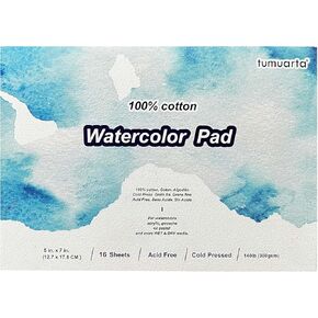 tumuarta Watercolor Paper Pad, 100% Cotton, 5x7, 140LB, 300 GSM, 16 Sheets, Acid Free, Cold Press, Watercolor Paper Mixed Media Sketch Books for Watercolors, Acrylic, Gouache, More Dry & Wet Media.