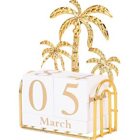Toddmomy 1 Set Perpetual Calendar Vintage Rustic Wooden Block Calendar Month Date Display Calendar for Home Office Decor (Golden Palm Tree)