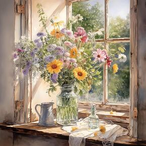 Daisy Glass vase Paint by Number for Adults - Flowers Paint by Number, DIY HD Canvas Acrylic Painting Window vase Paint by Number, Perfect for Home Wall Decoration and Holiday Gifts 16X16Inch