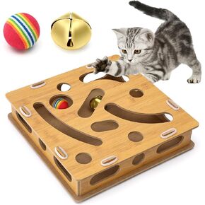 Interactive Cat Puzzle Toy with Bell & Rainbow Balls, Wooden Mental Stimulation Play Box for Indoor Cats & Kittens, Fun Maze Game for Boredom Relief & Exercise
