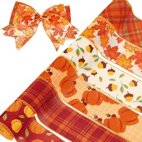 Whaline 6 Rolls 30 Yard Fall Thanksgiving Wired Edge Ribbon Autumn Plaid Pumpkin Maple Ribbon Thanksgiving Wrapping Ribbon Orange Autumn Harvest Decorative Craft Ribbon for Hair Bow Sewing Wreath Gift