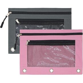 KBD 3 Ring Binder Pencil Pouchs, Zippered Pencil Pouch with Zipper Pulls Double Pocket Pencil Pouch 3 Ring with Clear Window (Grey &Pink 2pack)