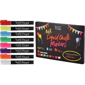 TenXVI Designs Chalk Markers - 8 Vibrant Colors, 6mm Reversible Tips, Erasable, Non-Toxic, Water Based for Kids & Adults - For Chalkboard, Glass & Non-Porous Surfaces, Liquid Chalk Board Markers