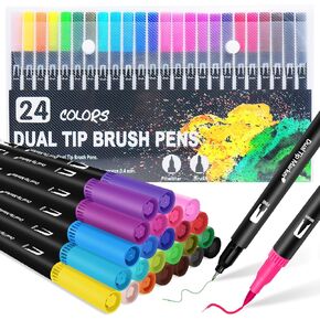 Dual Brush Marker Pens, 24 Colors Art Markers with Fine and Brush Tip Coloring Markers for Adults, Markers for Journaling Calligraphy Drawing Sketching Doodling Illustrating