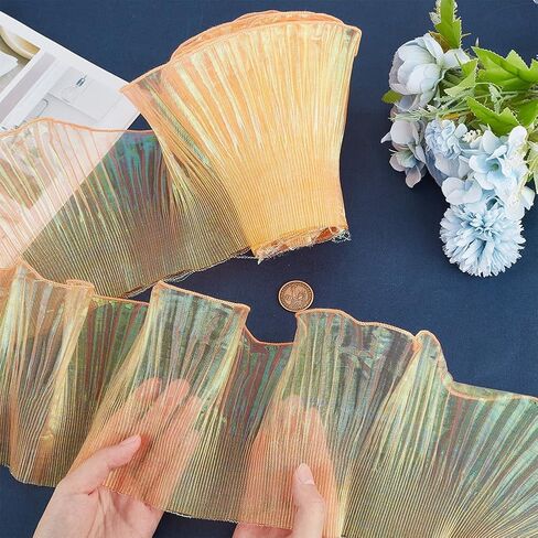 GORGECRAFT 10 Yards Ruffle Pleated Chiffon Trim 5.9" Wide Mermaid Color Organza Ruffled Chiffon Lace Border Ribbon Gathered Tulle Fabric Edge Trimmings for Sewing Dress Bag Costume Decoration Craft in Saudi Arabia