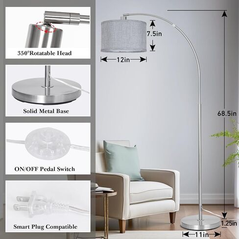 Black Arc Floor Lamps for Living Room,Modern Standing Lamp with Adjustable Drum Lampshade Tall Pole Lamp with Foot Switch Over Couch Arched Floor Light for Reading Bedroom 8W LED Bulb Included in Kuwait