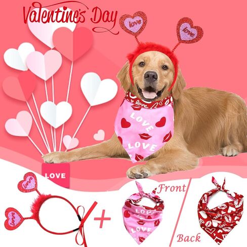 Valentine's Day Dog Bandanas Costume, Reversible Pet Scarf Red Glitter Hearts Dog Headband Scarves Cute Valentines Outfit for Medium Large Dogs Cats Holiday Birthday Clothes (Love Heart Headband Set) in Saudi Arabia