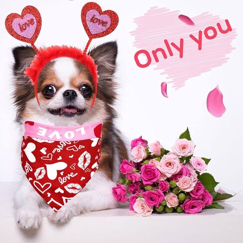 Valentine's Day Dog Bandanas Costume, Reversible Pet Scarf Red Glitter Hearts Dog Headband Scarves Cute Valentines Outfit for Medium Large Dogs Cats Holiday Birthday Clothes (Love Heart Headband Set) in Saudi Arabia