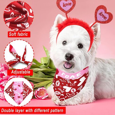 Valentine's Day Dog Bandanas Costume, Reversible Pet Scarf Red Glitter Hearts Dog Headband Scarves Cute Valentines Outfit for Medium Large Dogs Cats Holiday Birthday Clothes (Love Heart Headband Set) in Saudi Arabia